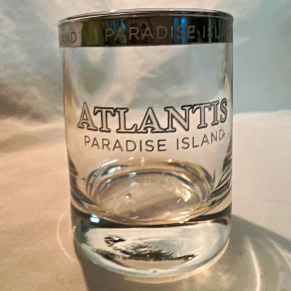 Atlantis Paradise Island Bahamas Souvenir Shot Glass, Silver Rim Travel Shooter